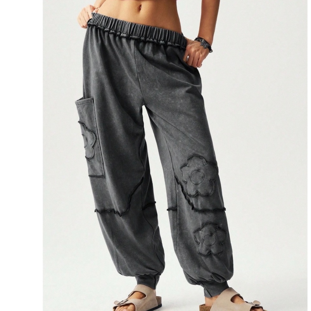 BOHO Cotton Charcoal Gray/Black Floral Patch Stretchy Embellished Women's Pants